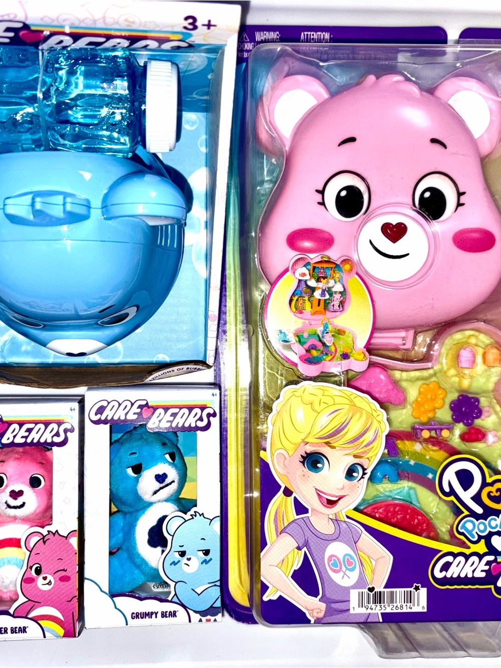 Care Bears Lot: Polly Pocket Grumpy Bear Bubble Blower & 3” Grumpy & Cheer plush